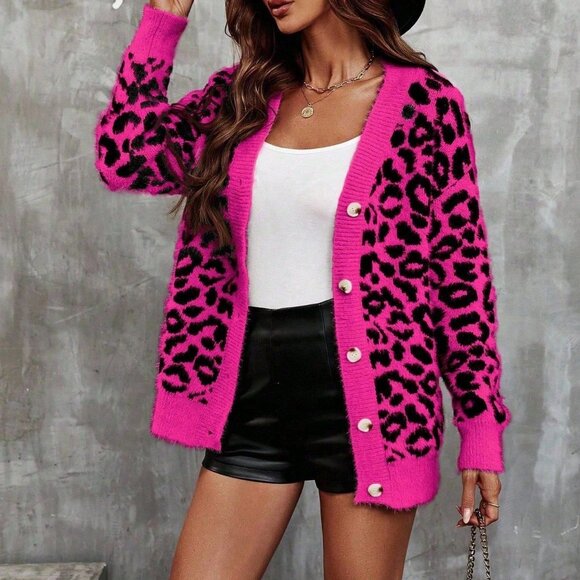 Hot Pink Casual Women's Contrast Color Leopard Print Long Sleeve Knit Cardigan - Picture 6 of 6